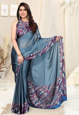 Women's blue soild/leaf  chiffon ready to wear saree | pre draped party wear saree 1