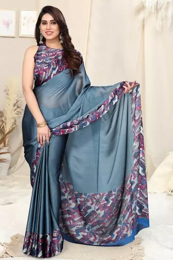 Women's blue soild/leaf  chiffon ready to wear saree | pre draped party wear saree