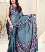 Women's blue soild/leaf  chiffon ready to wear saree | pre draped party wear saree