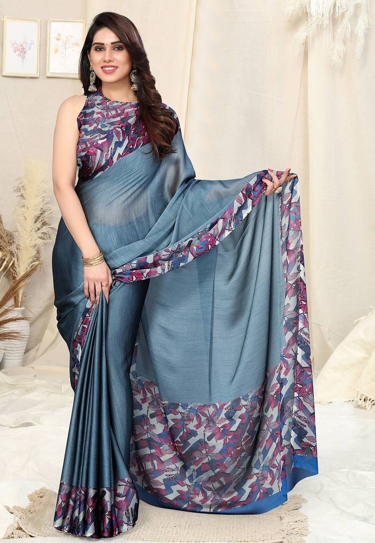 Women's blue soild/leaf  chiffon ready to wear saree | pre draped party wear saree