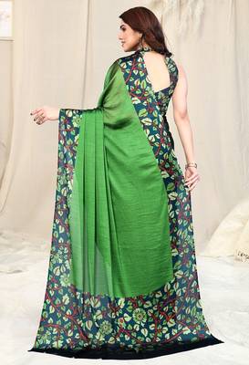 Women's green solid / kalmkari  chiffon ready to wear saree | pre draped party wear saree 4