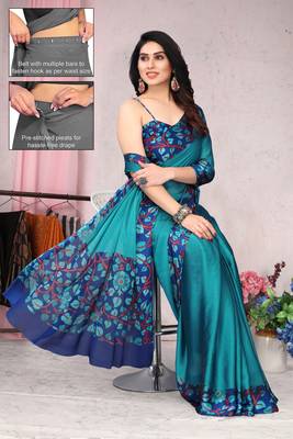Women's blue floral print chiffon ready to wear saree | pre draped party wear saree 2