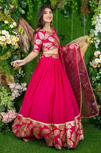 Rani Pink Faux Georgette Mirror Work Readymade Lehenga Choli