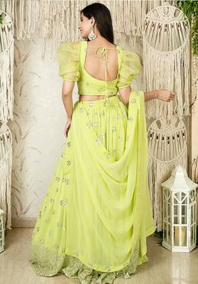 Lime Green Faux Georgette Mirror Work Readymade Lehenga Choli 2