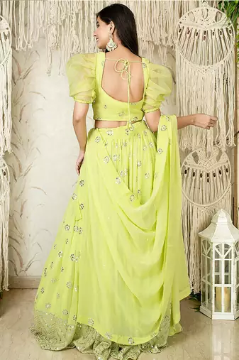 Lime Green Faux Georgette Mirror Work Readymade Lehenga Choli