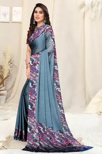 Women's blue soild/leaf  chiffon ready to wear saree | pre draped party wear saree