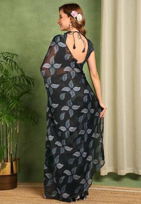 Women's black floral print chiffon ready to wear saree | pre draped party wear saree 4