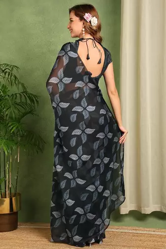 Women's black floral print chiffon ready to wear saree | pre draped party wear saree
