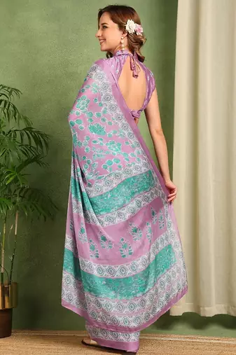 Women's lavender floral print chiffon ready to wear saree | pre draped party wear saree