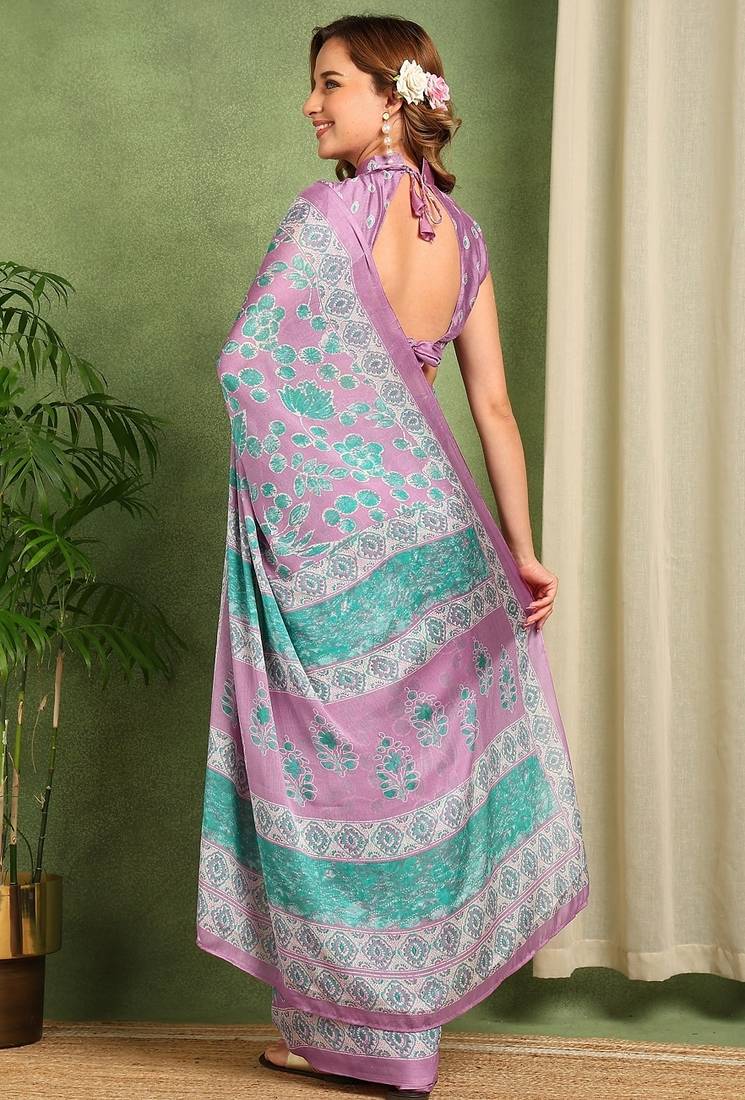 Women's lavender floral print chiffon ready to wear saree | pre draped party wear saree