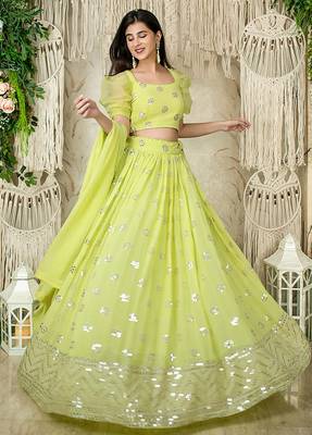 Lime Green Faux Georgette Mirror Work Readymade Lehenga Choli 3