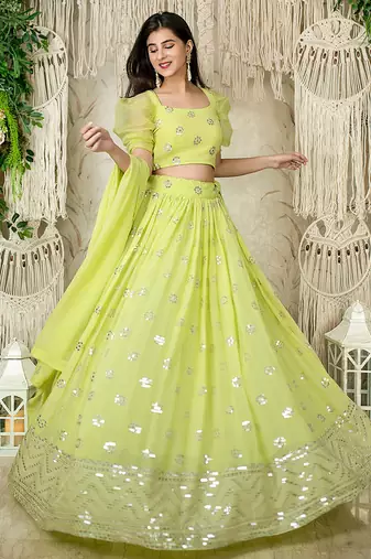 Lime Green Faux Georgette Mirror Work Readymade Lehenga Choli