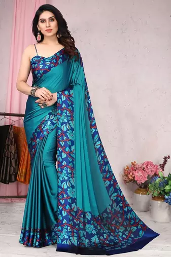Women's blue floral print chiffon ready to wear saree | pre draped party wear saree