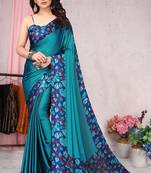 Women's blue floral print chiffon ready to wear saree | pre draped party wear saree