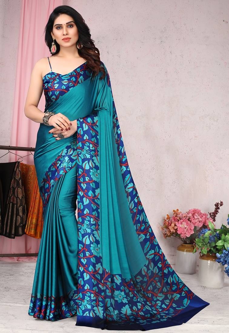 Women's blue floral print chiffon ready to wear saree | pre draped party wear saree