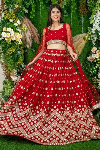 Red Faux Georgette Mirror Work Readymade Lehenga Choli