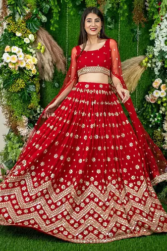 Red Faux Georgette Mirror Work Readymade Lehenga Choli