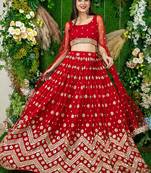 Red Faux Georgette Mirror Work Readymade Lehenga Choli