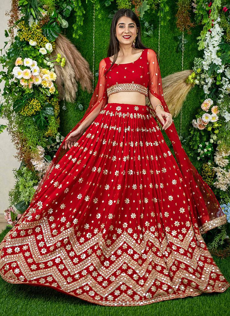 Red Faux Georgette Mirror Work Readymade Lehenga Choli