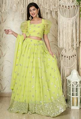 Lime Green Faux Georgette Mirror Work Readymade Lehenga Choli 4