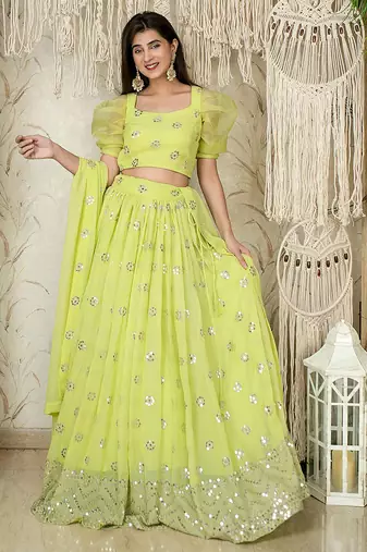 Lime Green Faux Georgette Mirror Work Readymade Lehenga Choli
