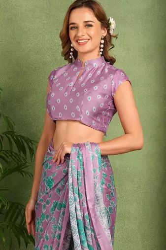 Women's lavender floral print chiffon ready to wear saree | pre draped party wear saree