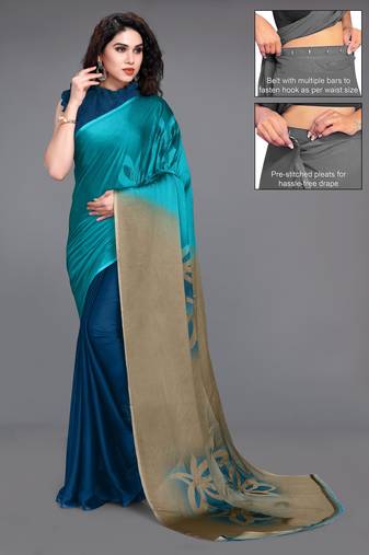Women's teal ombre black chiffon ready to wear saree | pre draped party wear saree