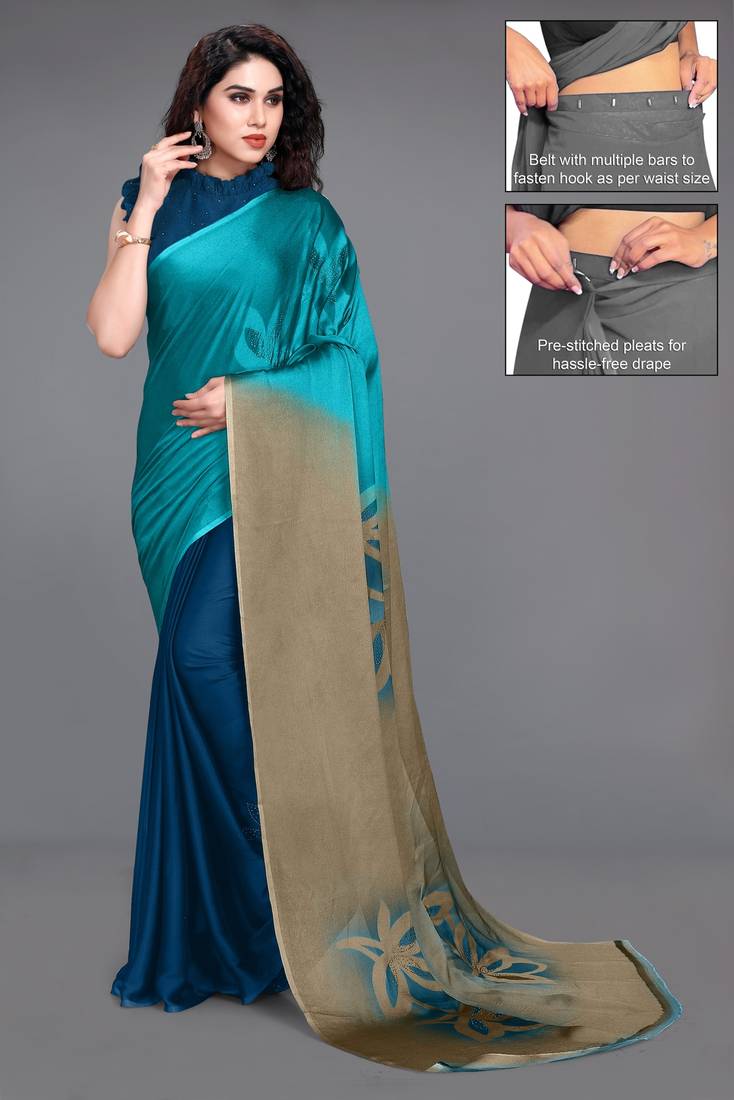 Women's teal ombre black chiffon ready to wear saree | pre draped party wear saree