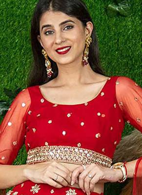Red Faux Georgette Mirror Work Readymade Lehenga Choli 2