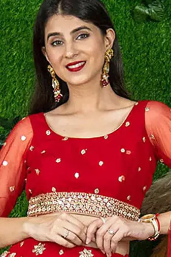 Red Faux Georgette Mirror Work Readymade Lehenga Choli