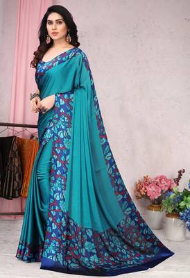 Women's blue floral print chiffon ready to wear saree | pre draped party wear saree 3
