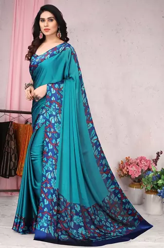 Women's blue floral print chiffon ready to wear saree | pre draped party wear saree