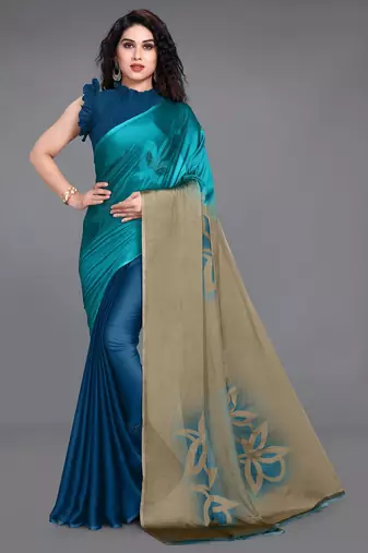 Women's teal ombre black chiffon ready to wear saree | pre draped party wear saree