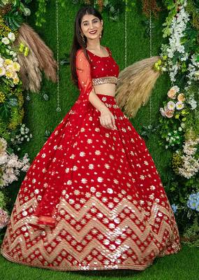 Red Faux Georgette Mirror Work Readymade Lehenga Choli 3