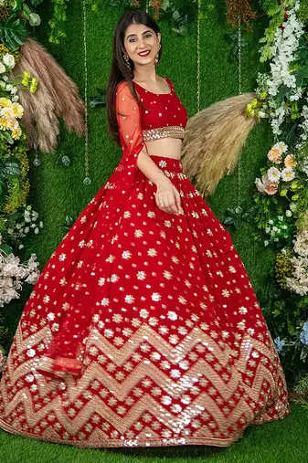Red Faux Georgette Mirror Work Readymade Lehenga Choli