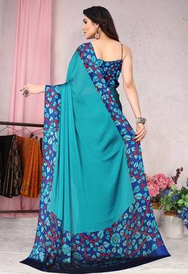 Women's blue floral print chiffon ready to wear saree | pre draped party wear saree 4