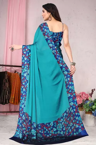Women's blue floral print chiffon ready to wear saree | pre draped party wear saree