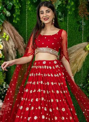 Red Faux Georgette Mirror Work Readymade Lehenga Choli 4