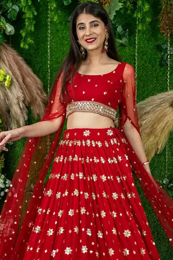 Red Faux Georgette Mirror Work Readymade Lehenga Choli