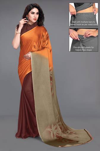 Women's orange ombre black chiffon ready to wear saree | pre draped party wear saree
