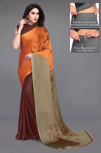 Women's orange ombre black chiffon ready to wear saree | pre draped party wear saree