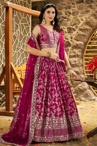 Rani Pink Dola Silk Jacquard Readymade Lehenga Choli Set with Net Dupatta