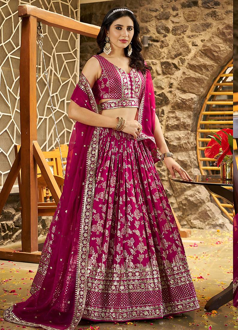 Rani Pink Dola Silk Jacquard Readymade Lehenga Choli Set with Net Dupatta