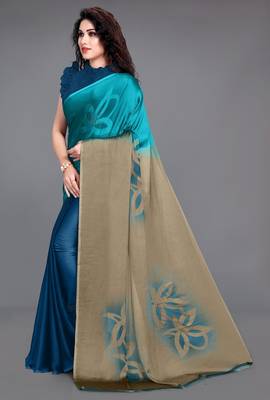Women's teal ombre black chiffon ready to wear saree | pre draped party wear saree 3