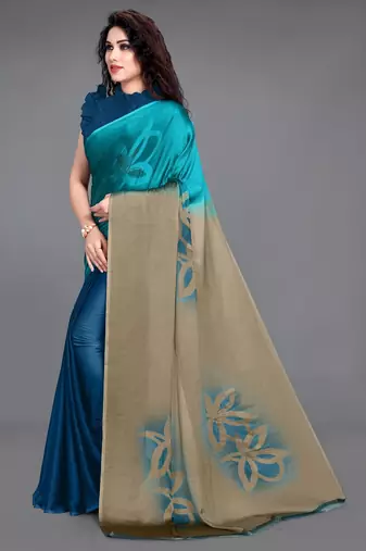 Women's teal ombre black chiffon ready to wear saree | pre draped party wear saree