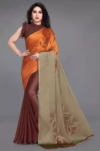 Women's orange ombre black chiffon ready to wear saree | pre draped party wear saree