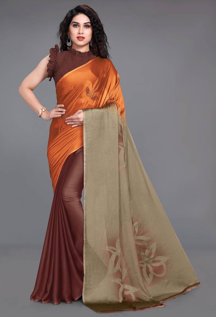 Women's orange ombre black chiffon ready to wear saree | pre draped party wear saree