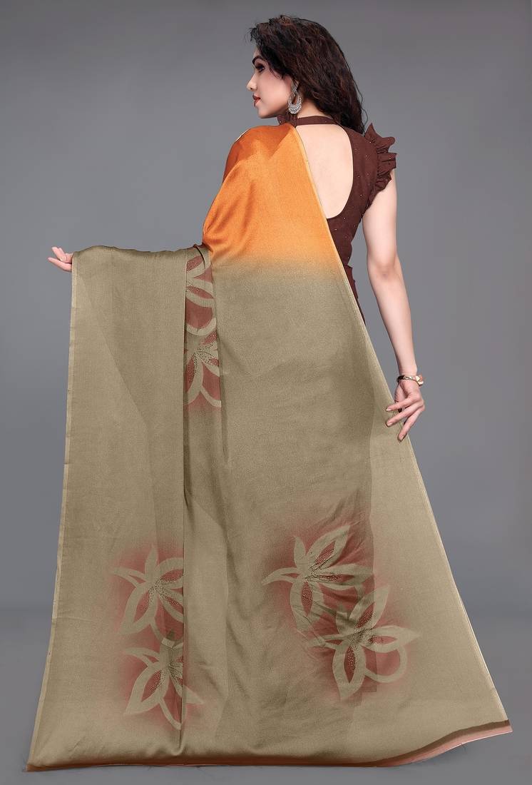 Women's orange ombre black chiffon ready to wear saree | pre draped party wear saree