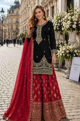 Black chinon silk blend  readymade suit with embroidery & sequence work