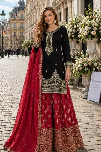 Black chinon silk blend  readymade suit with embroidery & sequence work